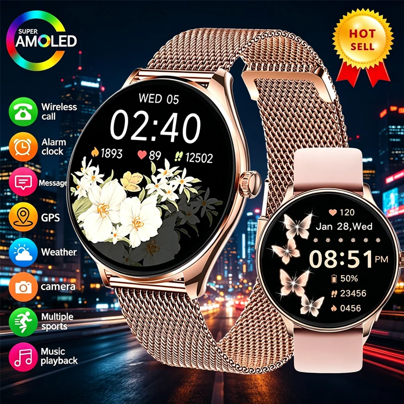 

Новые ультратонкие умные часы для женщин с AMOLED-экраном 1,38 дюйма, всегда отображающие время, с функцией Bluetooth-звонков, голосовым помощником, спортивные часы для мужчин и женщин.