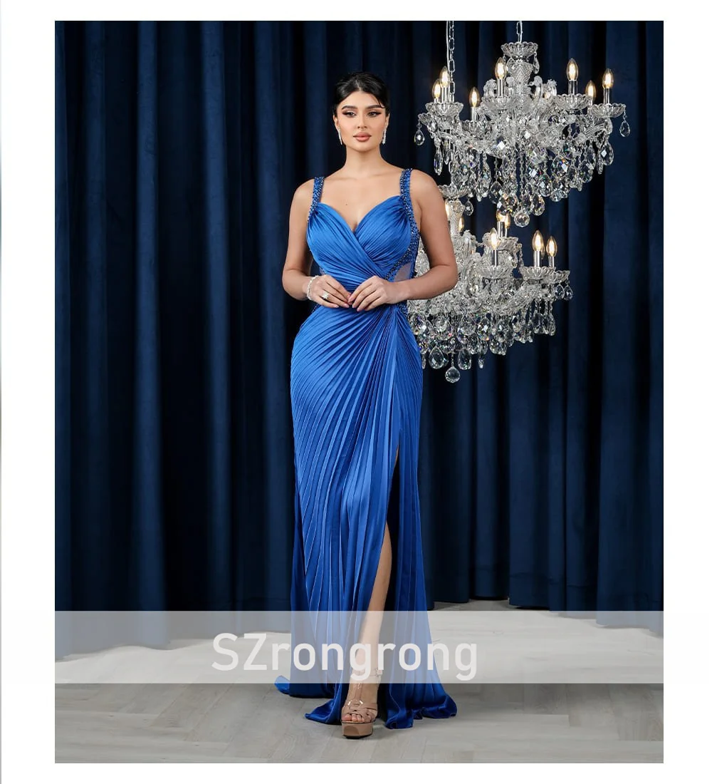 Robe de soirée plissée en Satin, bretelles Spaghetti personnalisées, longueur au sol, dos nu, robe de bal en cristal perlé avec cour