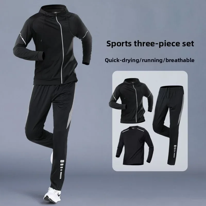 Men's 3-Piece Quick-Dry Tracksuit Set Running Workout Gym Training Jogging Suit with Jacket Hoodie and Pants for Cycling Sports