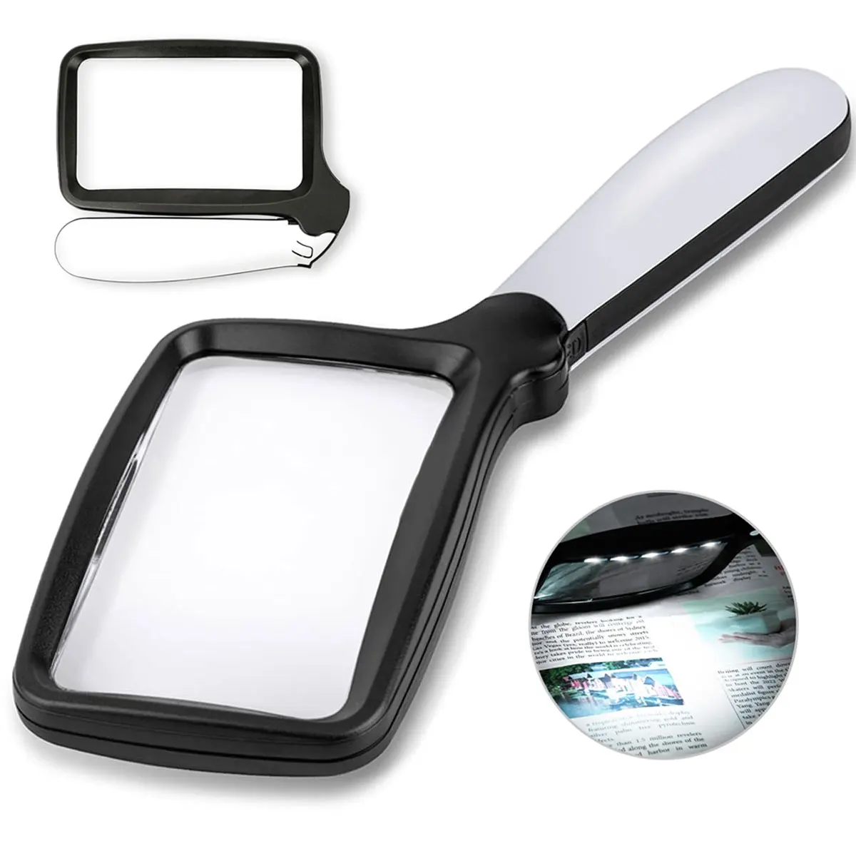 Lupa com Alça Dobrável Lupa com Luzes Led Reguláveis Lupa de Leitura Grande para Idosos com Livros de Jornais 3x