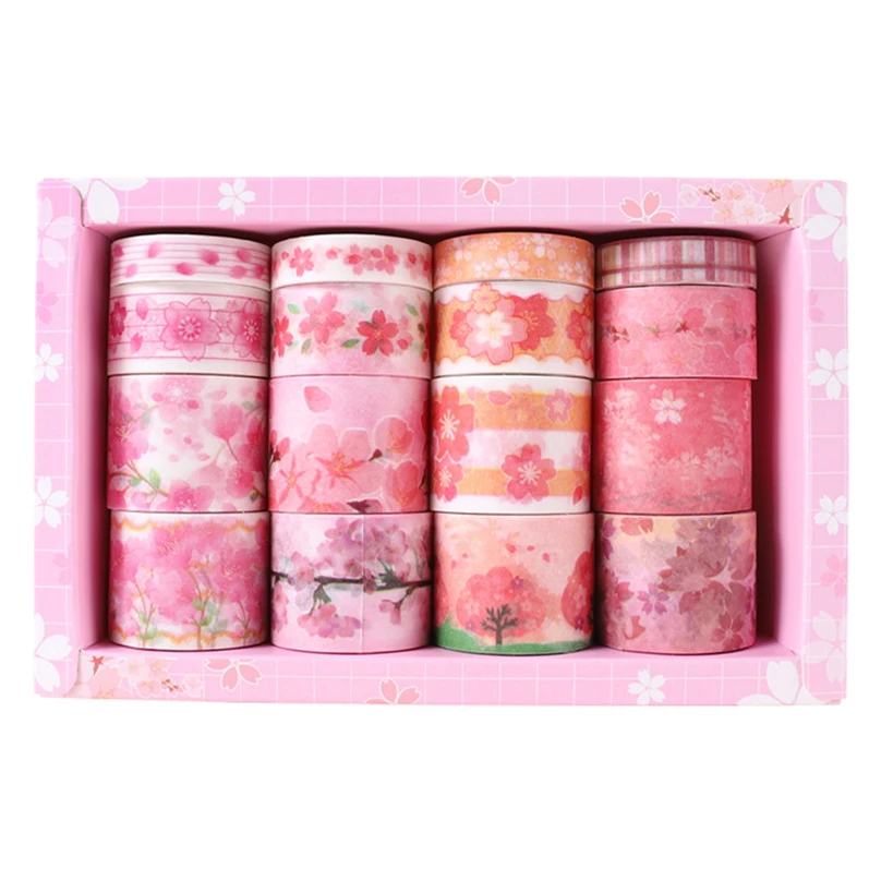 Sakura Washi Tape, suministros de álbum de recortes, Cinta Adhesiva Decorativa, suministros escolares, diario, cintas Washi, 16 rollos