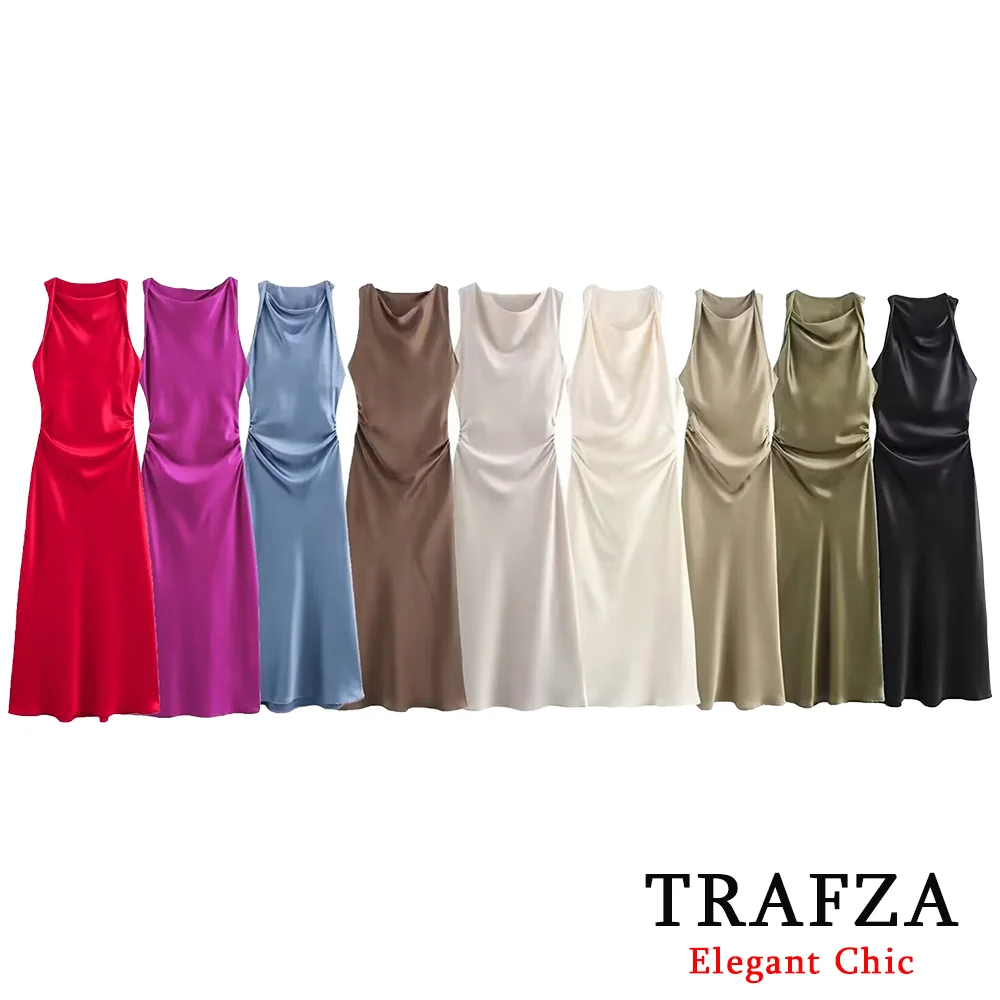 TRAFZA-Vestido largo con espalda descubierta para mujer, traje Midi liso con manchas, elegante, para fiesta y noche, a la moda, primavera y otoño, 2024