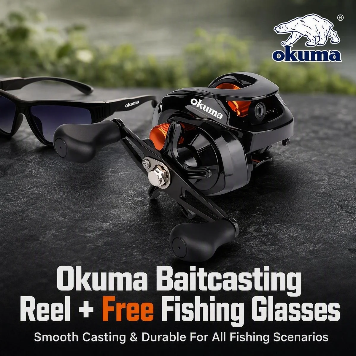 Okuma Baitcasting-Rolle, 6,3:1 Übersetzungsverhältnis, 12 kg maximale Bremskraft, Salzwasser-Baitcasting-Rolle mit kostenlosen polarisierten Angelbrillen, links und rechts – Detail 1