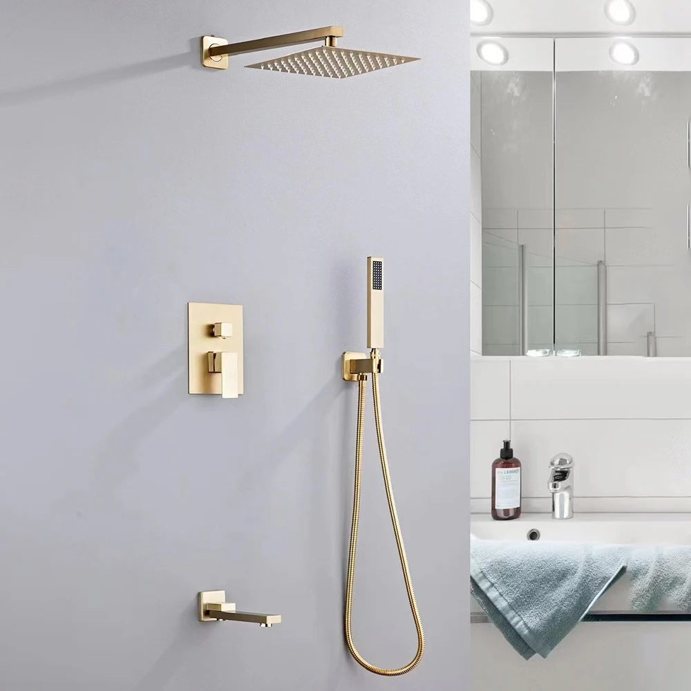 

Luxury Brushed Gold Concealed Shower System Bathroom Brass Hot Cold Mixer Showers Faucet Set 20/25/29cm 3 Modes Rain Shower Sets