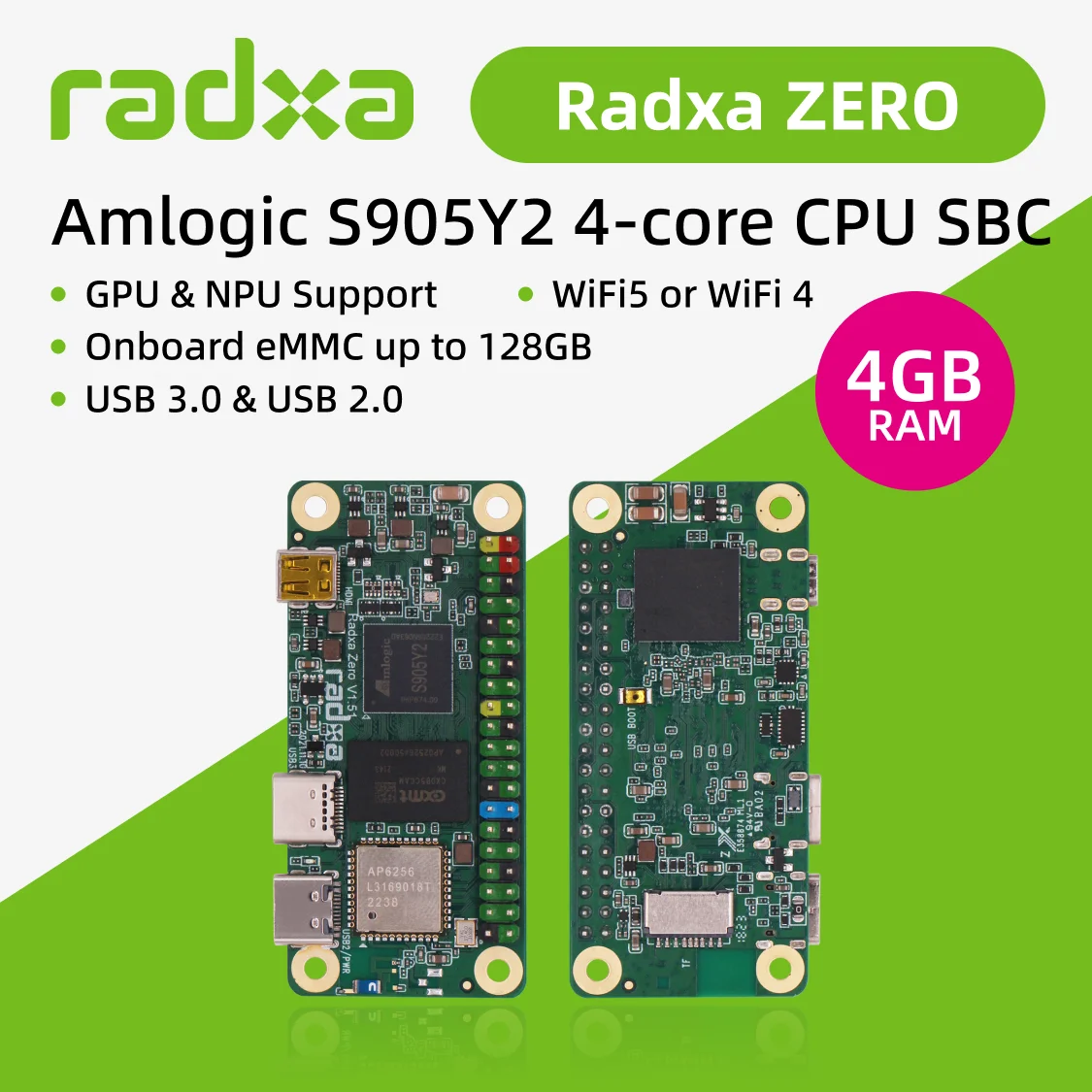 

Radxa ZERO 4GB Amlogic S905Y2 4-core CPU SBC, GPU, WiFi 5 or WiFi 4, Onboard eMMC and USB 3.0,Single Board Computer