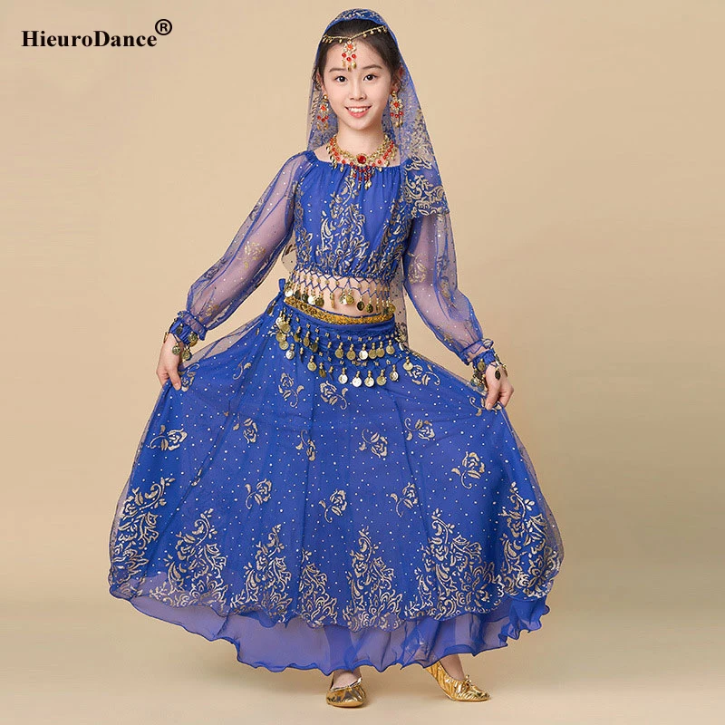 Costume de danse du ventre indien en mousseline de soie pour enfants, ensemble de 4 pièces pour spectacle d'halloween, tenues en tissu de danse pour enfants