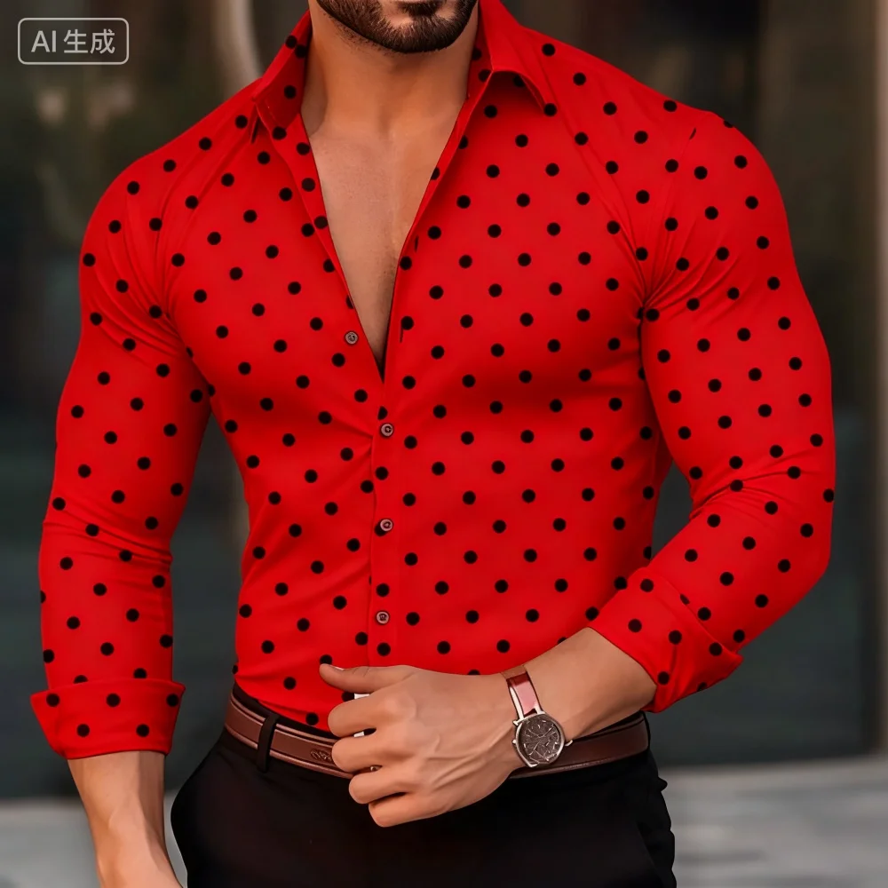 

Spring Men's Long-Sleeved Lapel Button-Up Shirt Polka Dot Printed Casual Business Breathable plus Size Loose Fit in 13 Colors