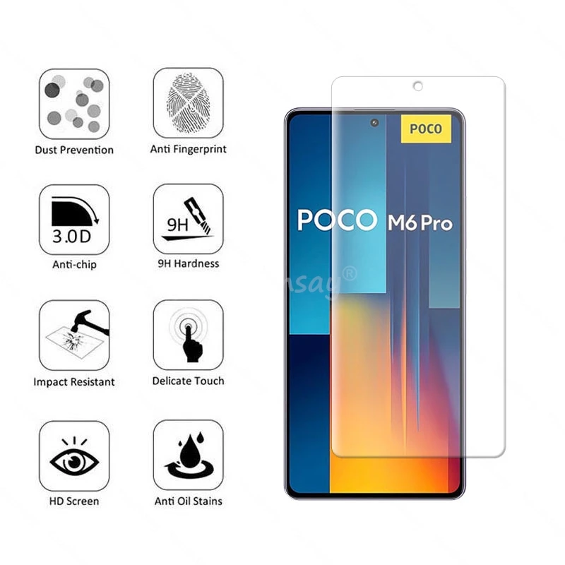 Protector de pantalla de cristal templado para teléfono móvil Xiaomi, Protector de pantalla de vidrio templado para Poco M6 Pro, con película 9D, para cámara, para Poco M6 Pro