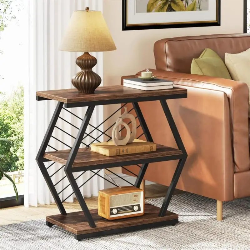 25.6 Industrial 3-Tier End Table, Wood and Metal Side Table with Storage Shelves, Accent Table with Geometric Frame for Living R
