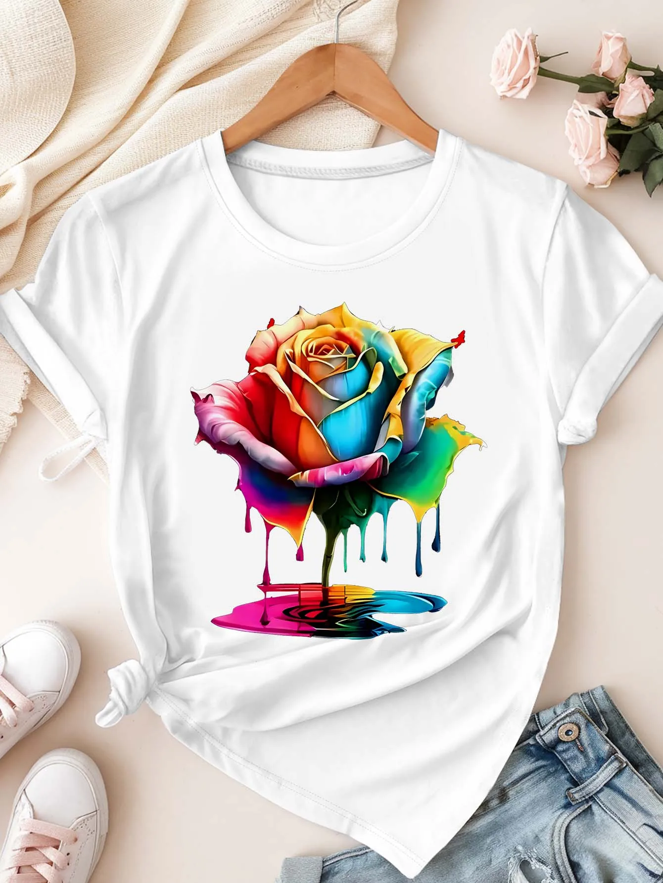 

Футболка больших размеров с красочным капающим розой и художественным рисунком для модных аутидедазой в художественном стиле