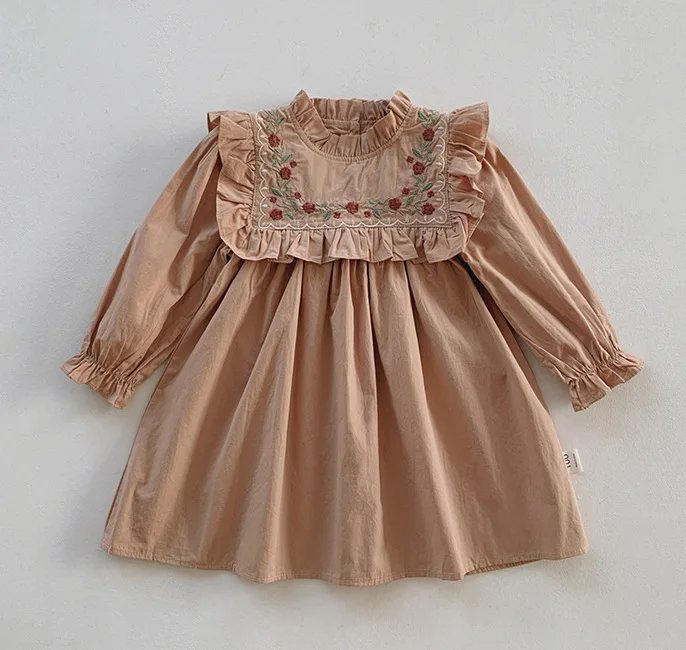 Baby Girls French Dress Infant Clothing Autumn Children Embroidery Stand Collar Bubble Ruffle Long Sleeve Kids Spring Style