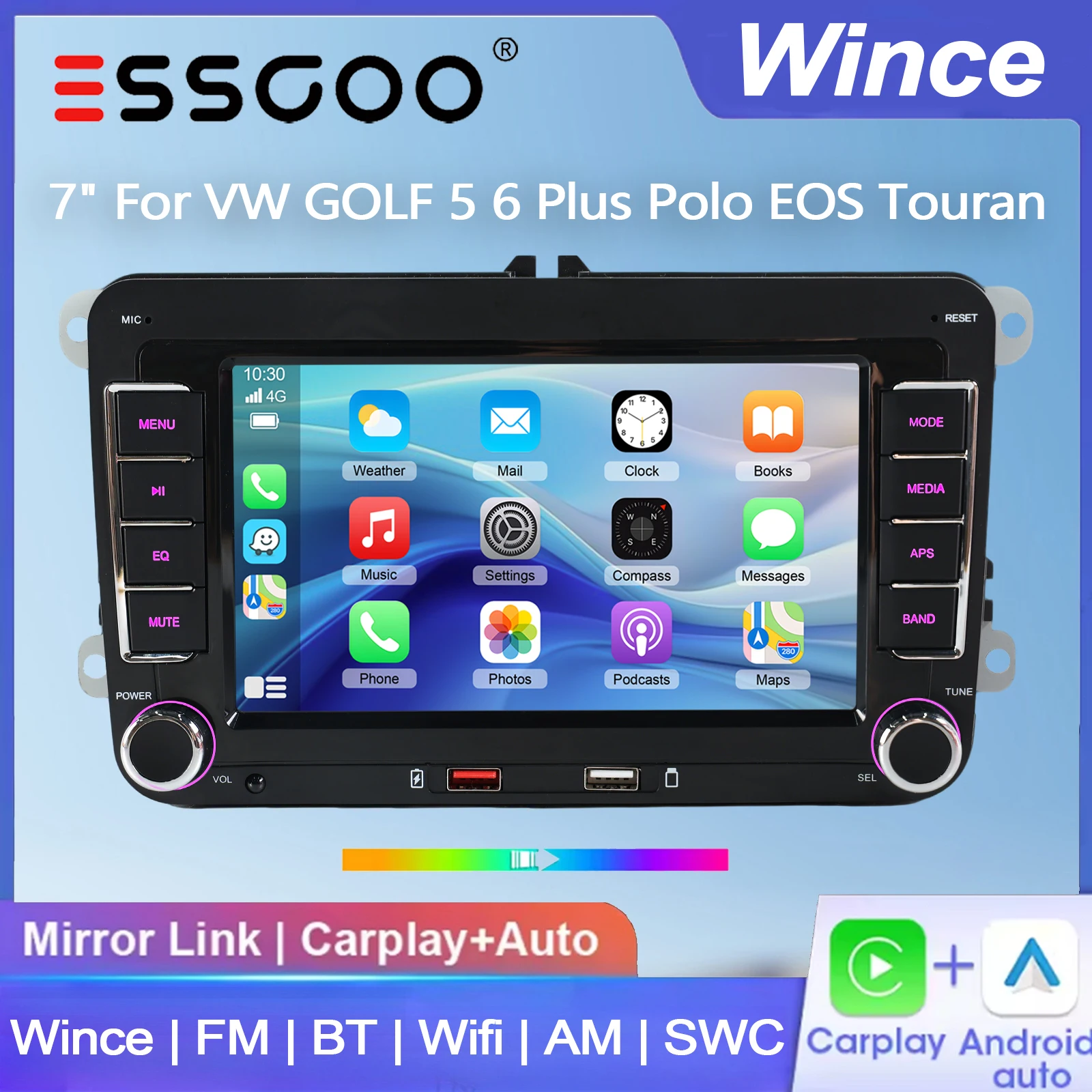 ESSGOO Autoradio da 7" con sistema Wince per Seat/Skoda/Vw Golf 5 6 Passat Polo Touran Tiguan Rabbit Sharan Caddy Eos T5, Carplay Wireless, Android Auto, GPS, Navigatore, Doppia USB, FM, Wifi,