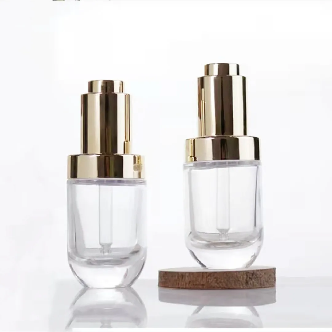 

50pcs 30ml Dropper Bottle Transparent Glass Push Bottles Pipette Push Button Press Pump Gold Cap Essential Oil Bottle