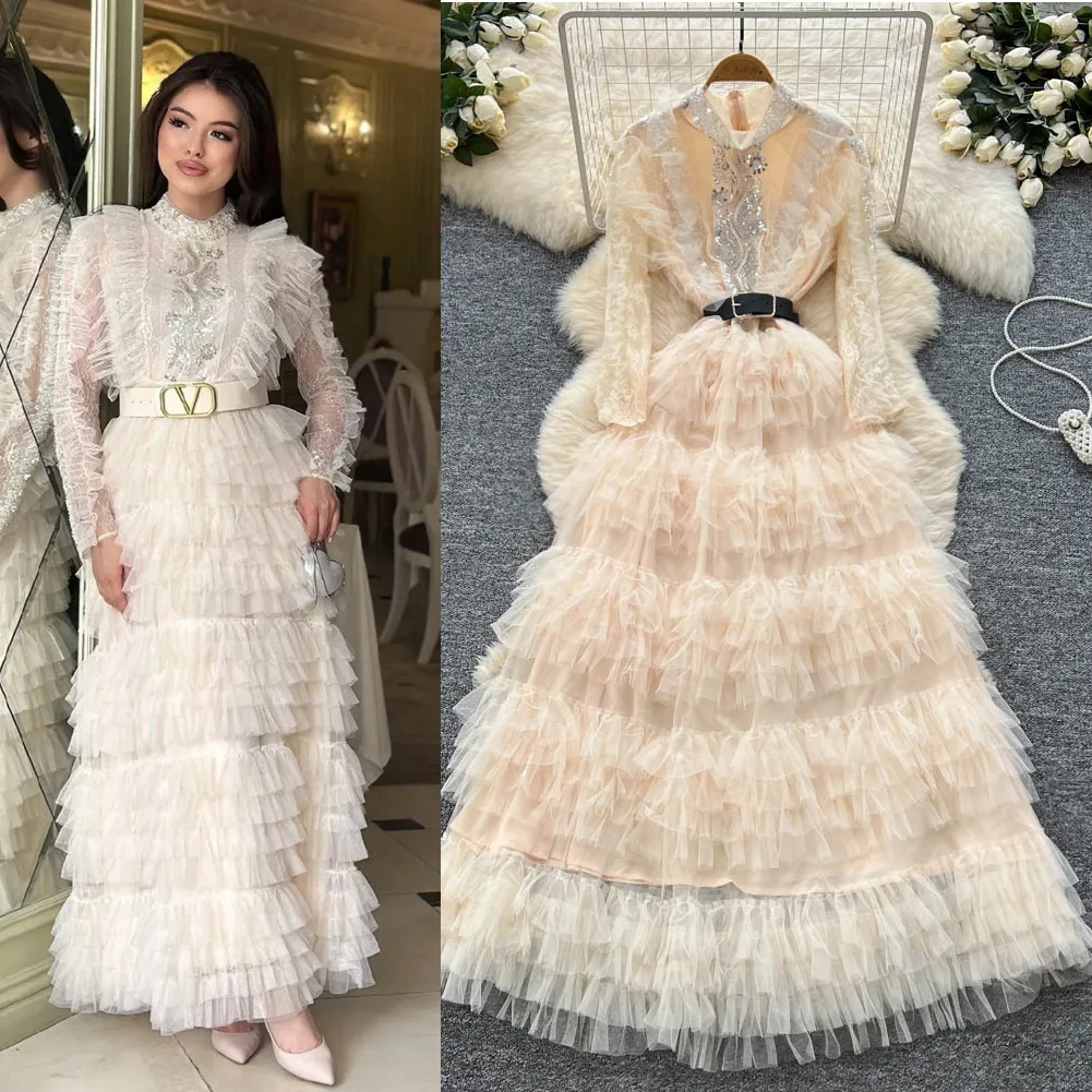 

Long Dress Women Cake Dresses Gown Vestidos Party Night Streetwear Round Neck Full Sleeve Elegant Splice Y2k High Waist 2025