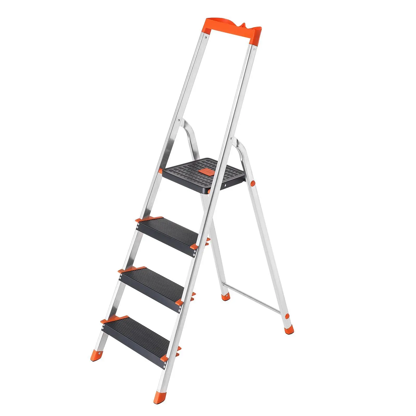 Songmics Ladder Met 4 Treden, Aluminium Ladder, 12 Cm Brede Treden Met Golving, Antislipvoeten