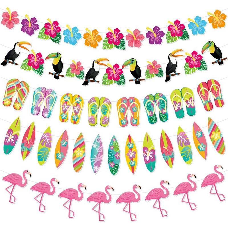 Color Hawaiian Decoration Banner Summer Beach Garlands Flamingo Flower Bird Birthday Paper Garland Happy Aloha Luau Party Banner