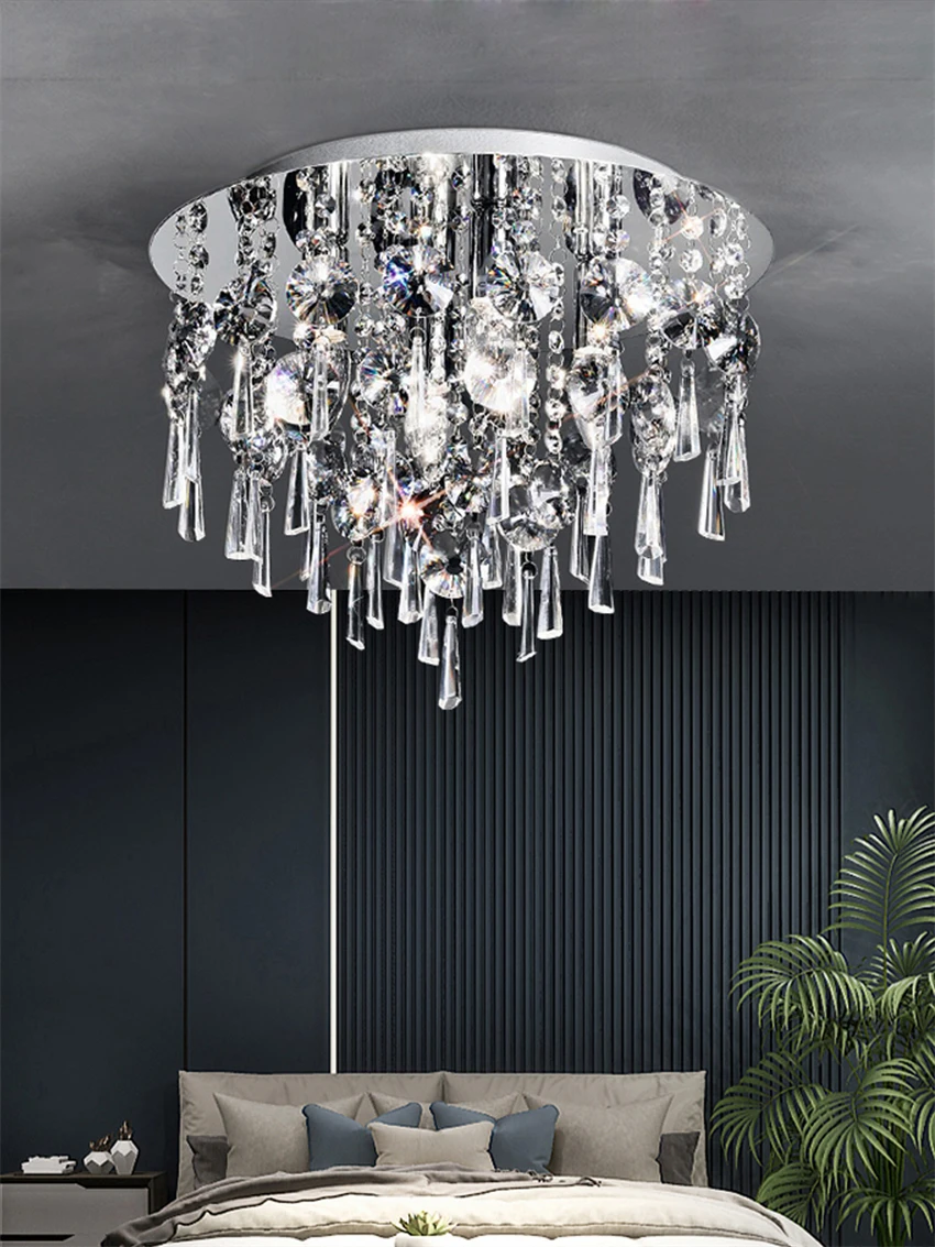 luster round crystal silver ceiling lights master bedroom LED light living room European modern