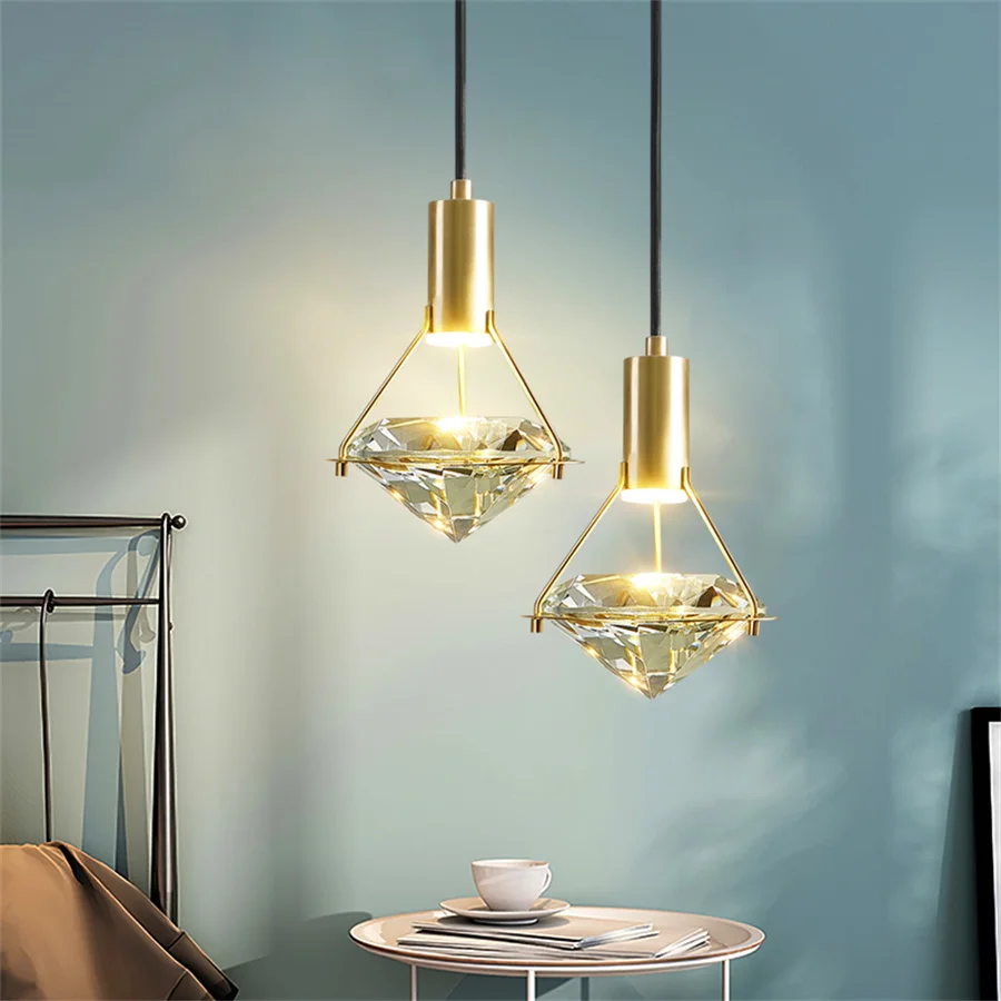 1PC K9 Crystal LED Pendant Lamp Diamond Shape Bedroom Bedside Table Hanging Light Kitchen Dining Room Chandelier Pendant Light