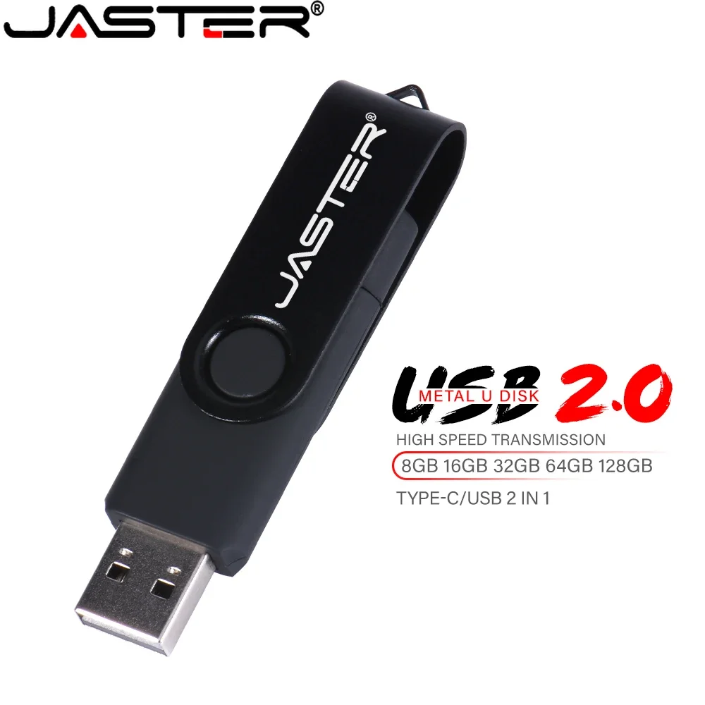 JASTER Brand new 2in1 TYPE-C + USB 2.0 Black 32GB Pen Drive 64GB Rotatable Memory stick 16GB 8GB Flash Drive Gifts Key Chain