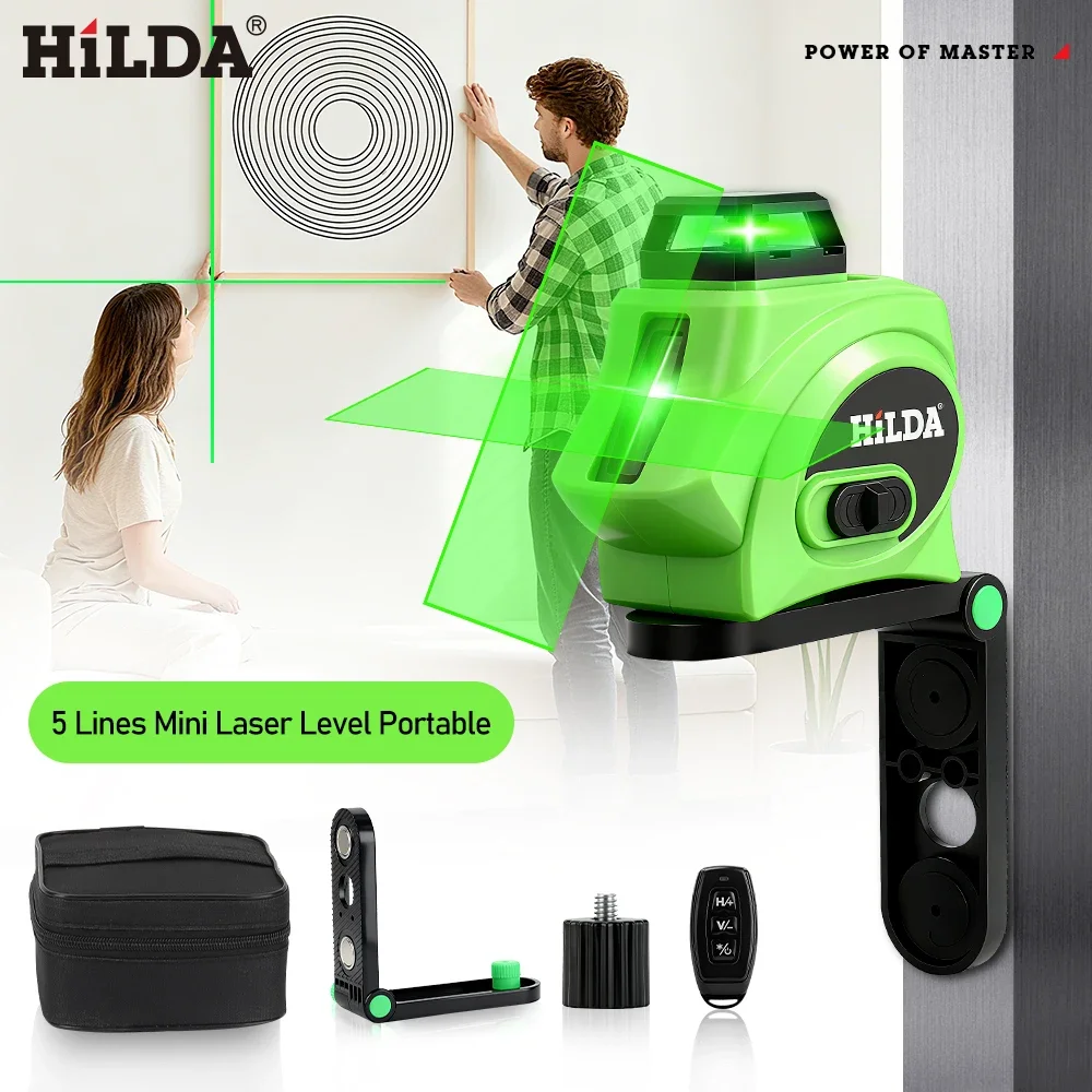 HILDA 5 Lines Laser Level 360° Auto Self-Leveling Cross Line Magnetic Bracket 1/4