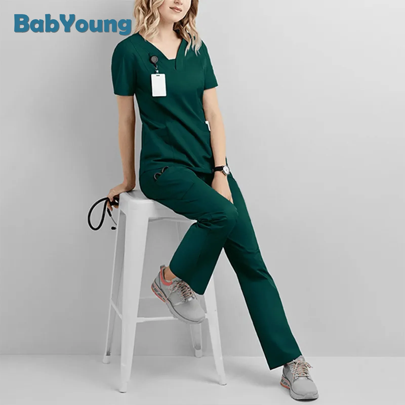 Moda por atacado matagal ternos dental hospital uniforme conjunto de cor sólida unisex vestido cirúrgico bolso v-neck esfrega conjuntos para mulher