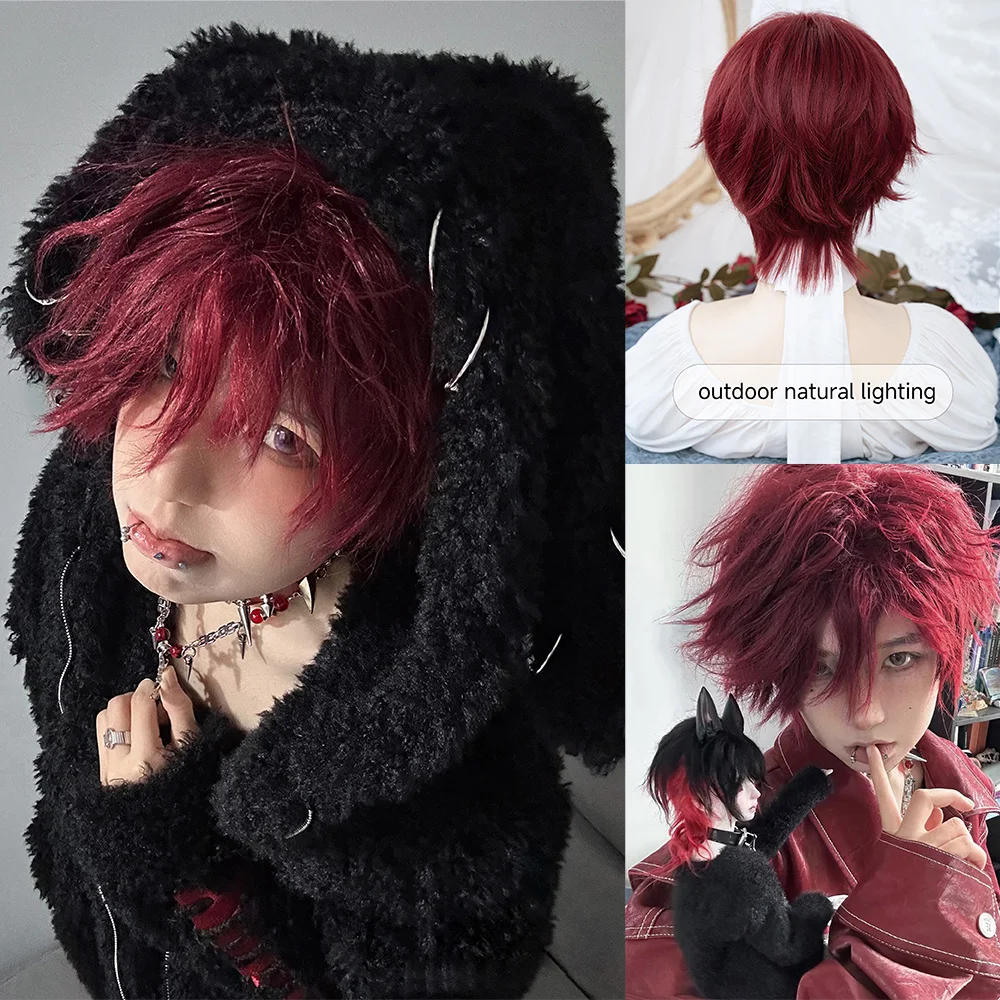 12 Polegada vinho vermelho personalidade peruca sintética com bang curto natural cabelo reto para homens ou mulheres cosplay resistente ao calor lgbtq