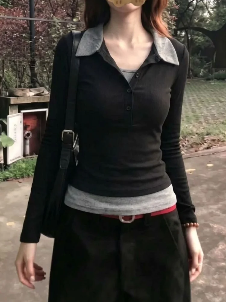 Damen-T-Shirt, Zweiteiler-Optik, Langarm-T-Shirt für Herbst und Winter, Schmal geschnittenes Oberteil mit Polokragen und Knöpfen, modische Kleidung – Detail 6