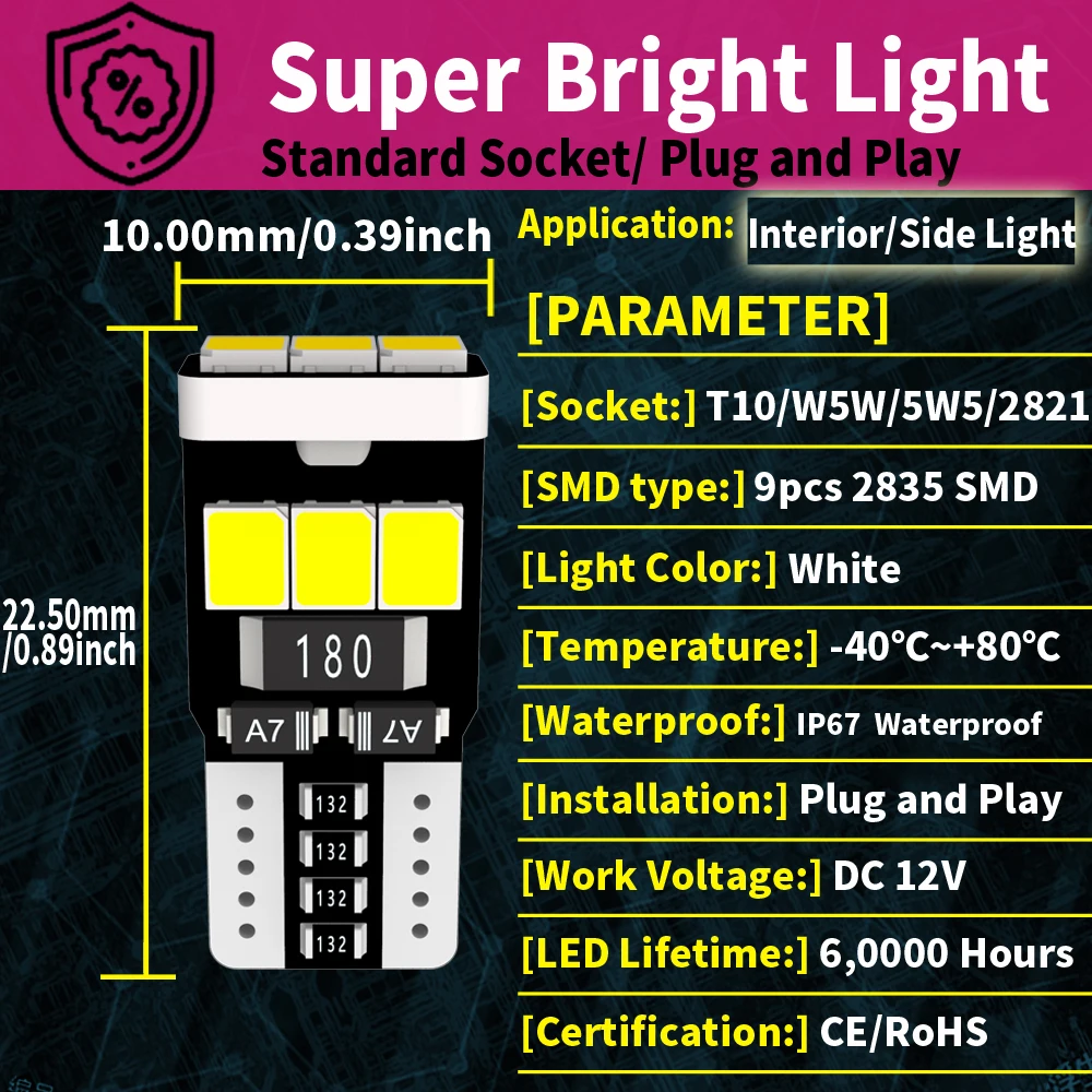 10pcs W5W T10 9SMD Led Bulbs Canbus Car Interior Light Bulbs Parking Position Lamp Map Dome Reading Lights 5w5 12v 2825 2886 168