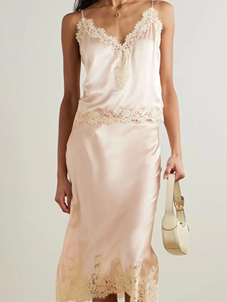 

Элегантные однотонные наряды с вышивкой и кружевом, сексуальный топ и юбка с v-образным вырезом, костюм, женские повседневные атласные пижамы без рукавов, комплекты из 2 предметов