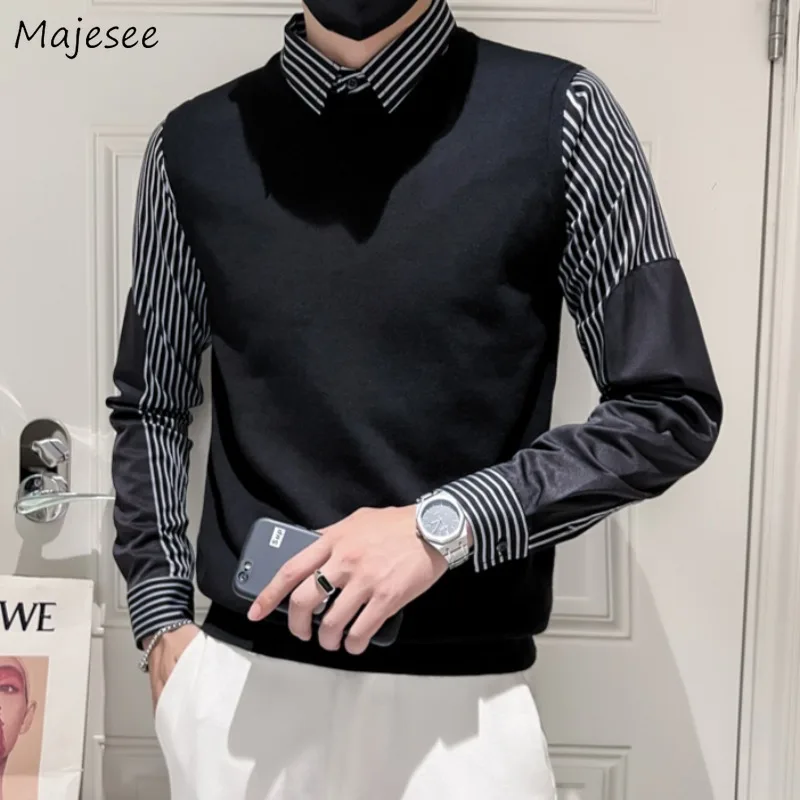 

Shirts Men Korean Style Striped Velvet Warm Chic Ins Patchwork Casual Office Clothing Fit Autumn Winter Turn-down Collar