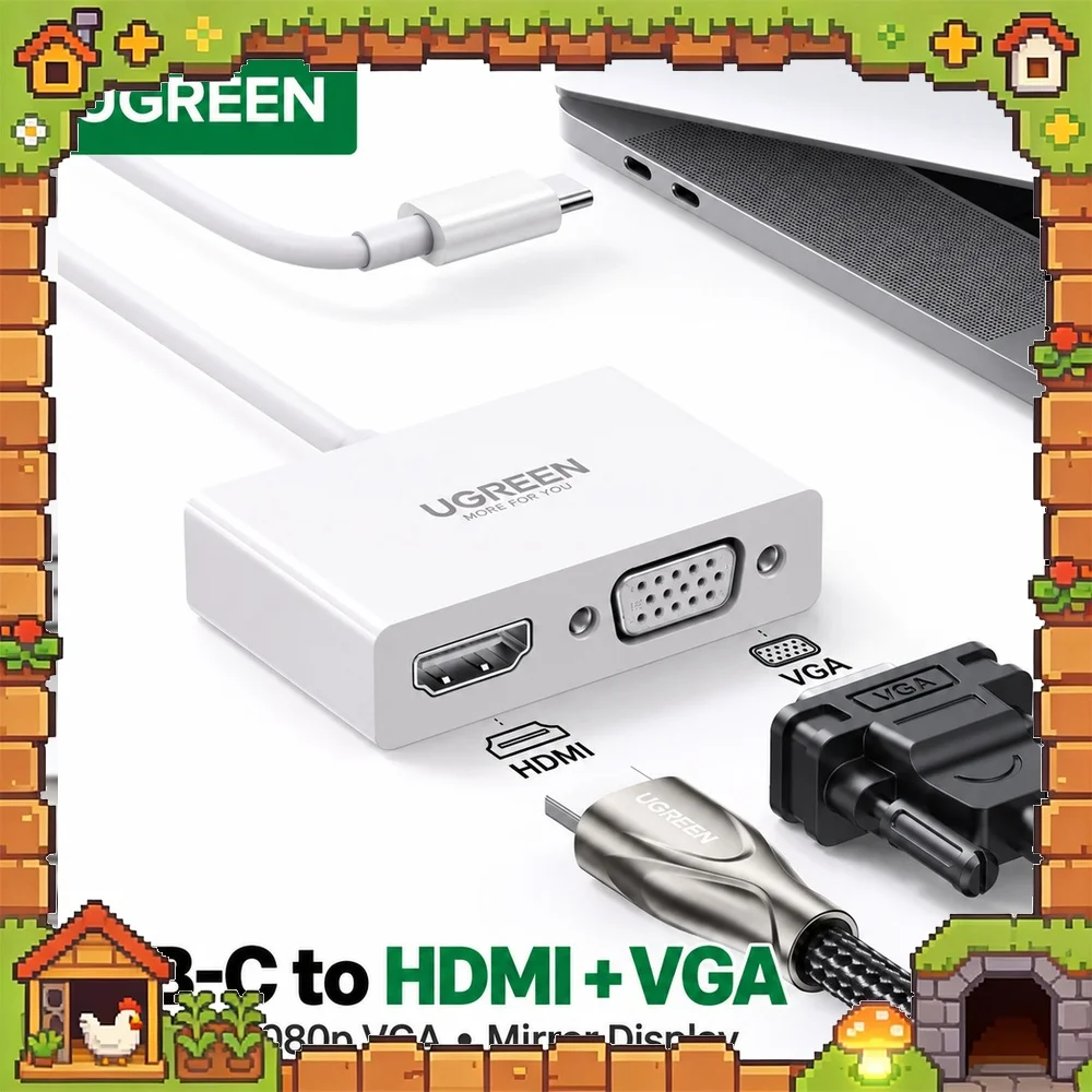UGREEN MM123 30843 USB-C to HDMI VGA Adapter, 4K 30Hz HDMI and 1080p 60Hz VGA, Dual-Screen Mirror Display Converter