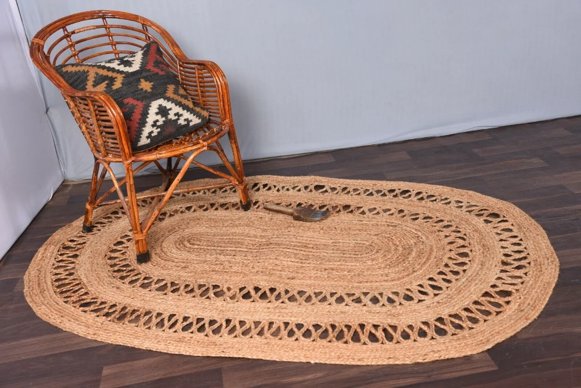 

Oval Rug Handmade Braided Vintage Natural Jute Carpet Modern Home Decor Living Room Floor Mat Pastoral Fashion Hollow Carpet