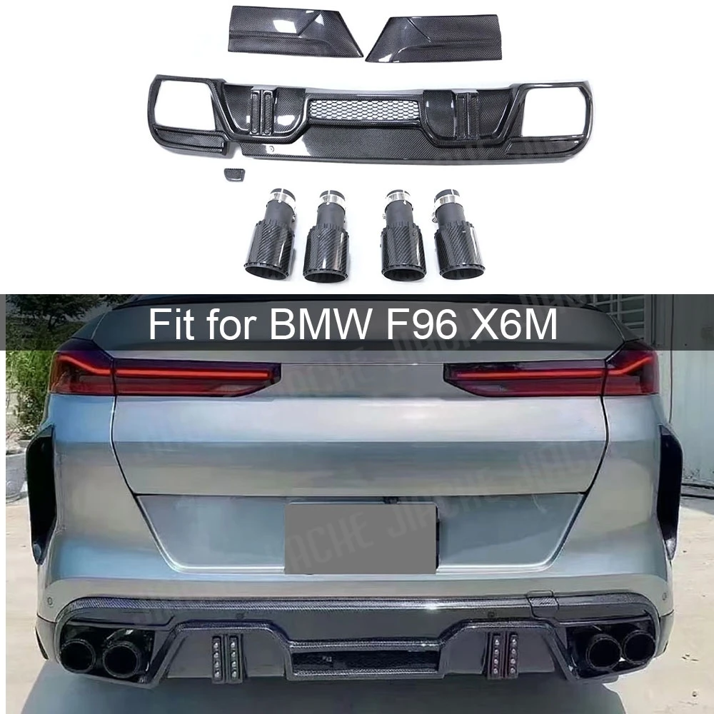 

For BMW F96 X6M 2019-2022 Carbon Fiber Car Rear Bumper Diffuser With Exhaust Tips Rear Splitters Spoiler Rear Lip Body Kit FRP