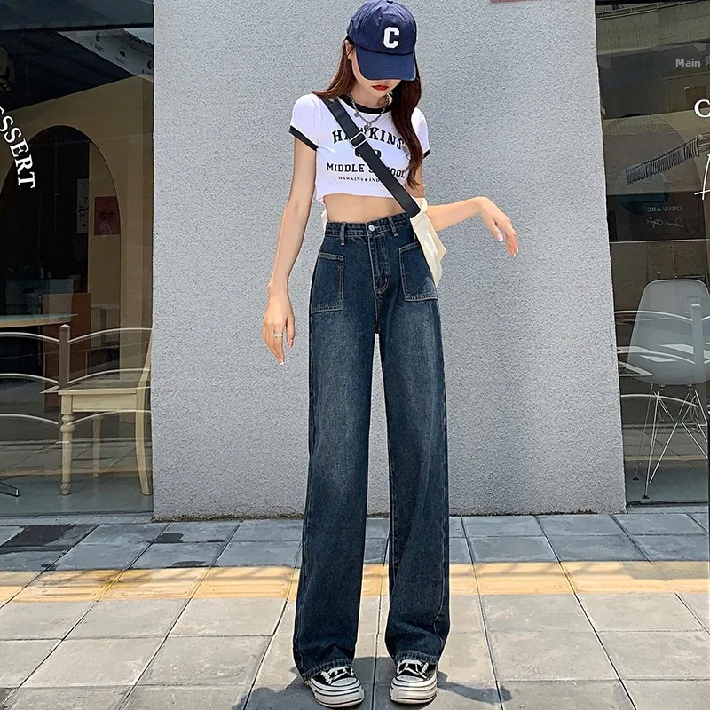

Casual Blue Jeans Women's High Waist Zipper Straight Leg Trousers for Autumn And Winter Season Fashionable Qingdao Style