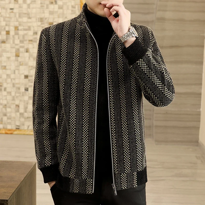 

2023 Autumn Winter Stand Collar Woolen Jackets Men Fashion Striped Wool Blends Trench Coat Casual Business Overcoat Men Clothing