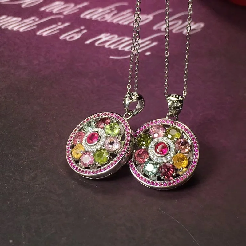 3 Colors Tourmaline Spinning Necklace 925 Sterling Silver Natural Colorful Tourmaline Gemstone Flower Jewelry Set Necklace