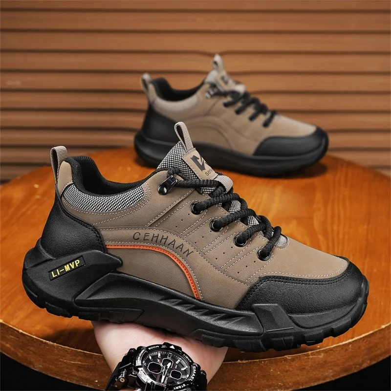 Leather Waterproof Ankle Hiking Boots For Men Shock Absorbing Thick Sole Outdoor Climbing Hunting Footwear