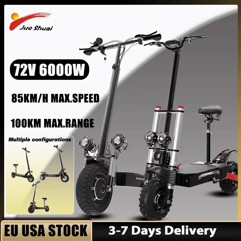 Patinete eléctrico de velocidad máxima de 85 KM/H, patinete eléctrico de doble Motor de 1200W-6000W para adultos, neumático todoterreno de 11 ", Patinete Eléctrico de alcance de 100KM