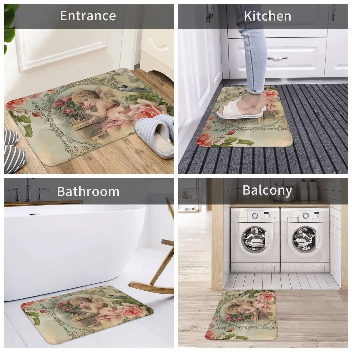 Bath Mat Victorian Angel Print And Pink Roses Doormat Living Room Carpet Outdoor Rug Home Decoration