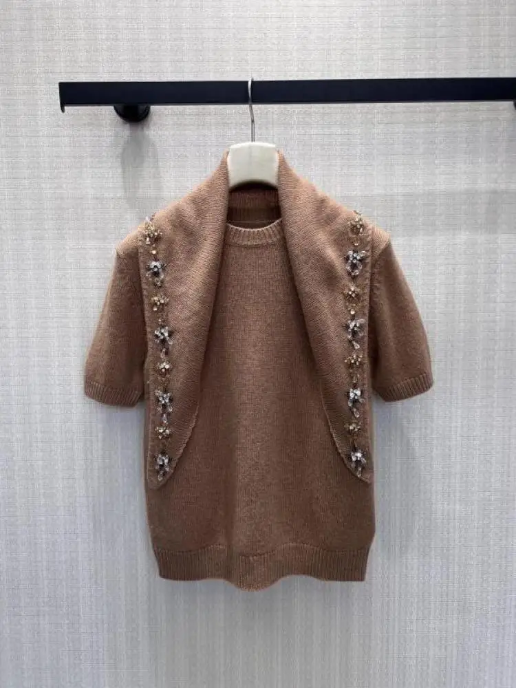 Knitted Sweater Fashion All-match Slim Exquisite Handmade Nail Drill Short Sleeve Sweater With Shawl For Women