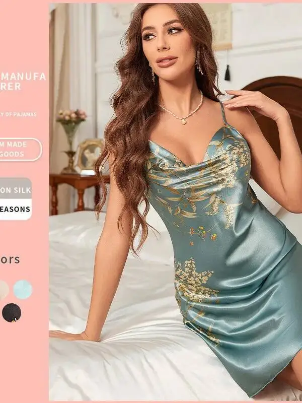 Nuevo vestido informal de seda Sexy a la moda con espalda descubierta y puro deseo, camisola con bordado de flores, vestido de noche de seda helada, encantador EJGV