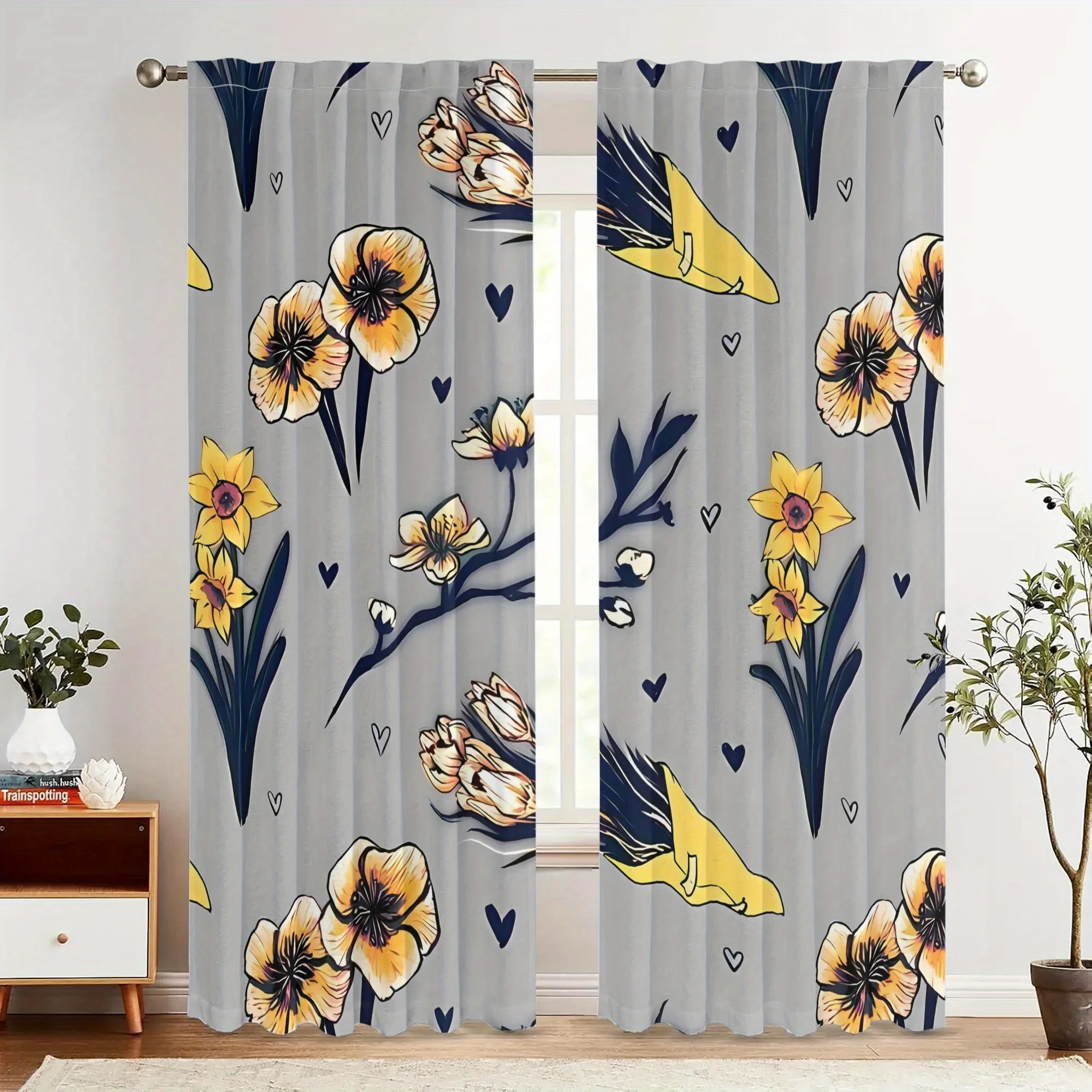 2pc Yellow daffodil and heart pattern curtains, made of polyester, machine washable, suitable for living room and bedroom décor.
