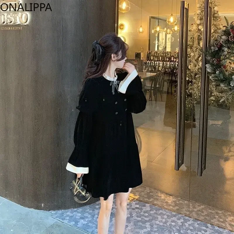 Onalippa Contrast Patchwrok Velvet Dress for Women Puff Long Sleeves Straight Loose Dresses French Chic Buttons Bow Blouse