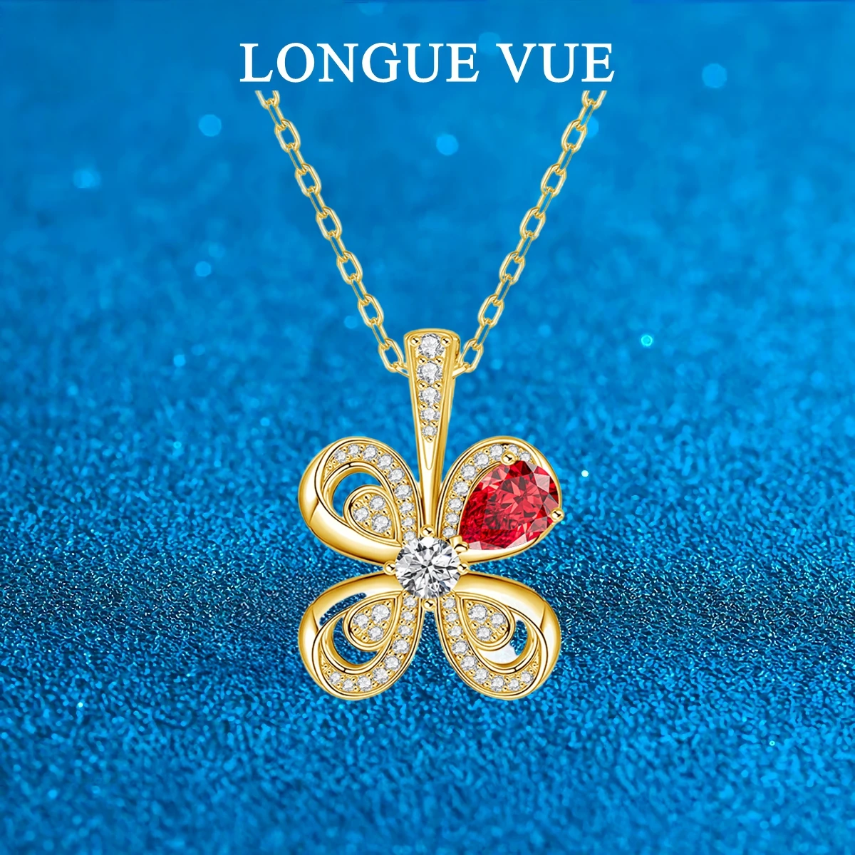 

Pear Cut Red Corundum Moissanite Pendant Butterfly Necklace 925 Silver Bowknot Charms Girl Birthday Valentine's Day Gift Jewelry