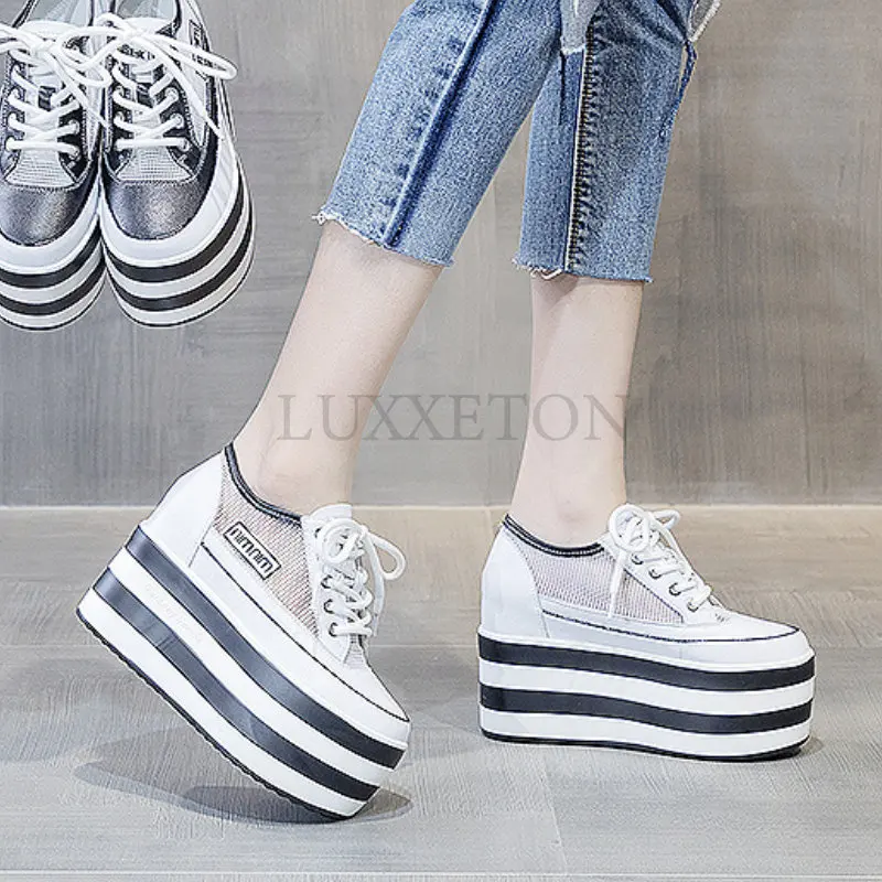 12cm Genuine Leather Women Shoes Platform Wedge Sneakers Chunky Hidden Heel High Women Casual Shoes Spring Summer Loafers