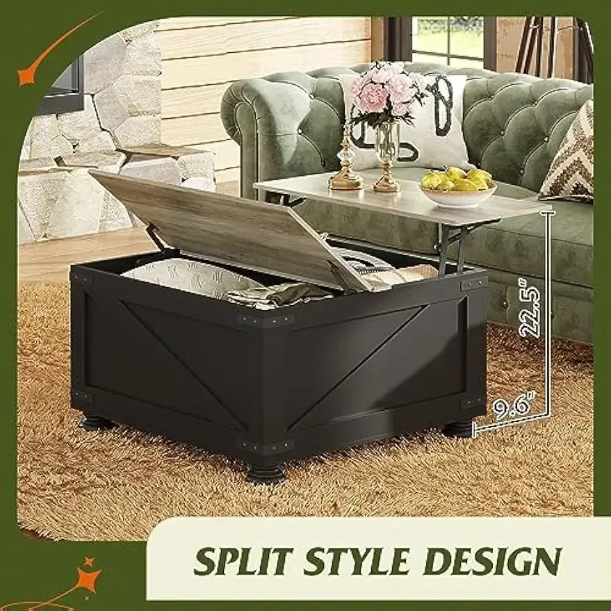 Farmhouse Lift Top Coffee Table, 31.5" Square Center Table with Hidden Storage Compartment for Living, Bedroom, Black
