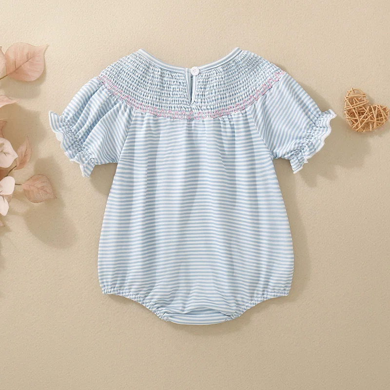 2024-11-20 Lioraitiin Summer Baby Girls Smocked Rompers Striped Duck Embroidery Crew Neck Bubble Short Sleeve Infant Jumpsuit