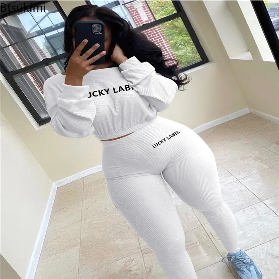 New 2024 Letter Printed Embroidery Women Two Piece Ribbed Tracksuits Long Sleeve Sweatshirt and Skinny Pants Set Women Tracksuit