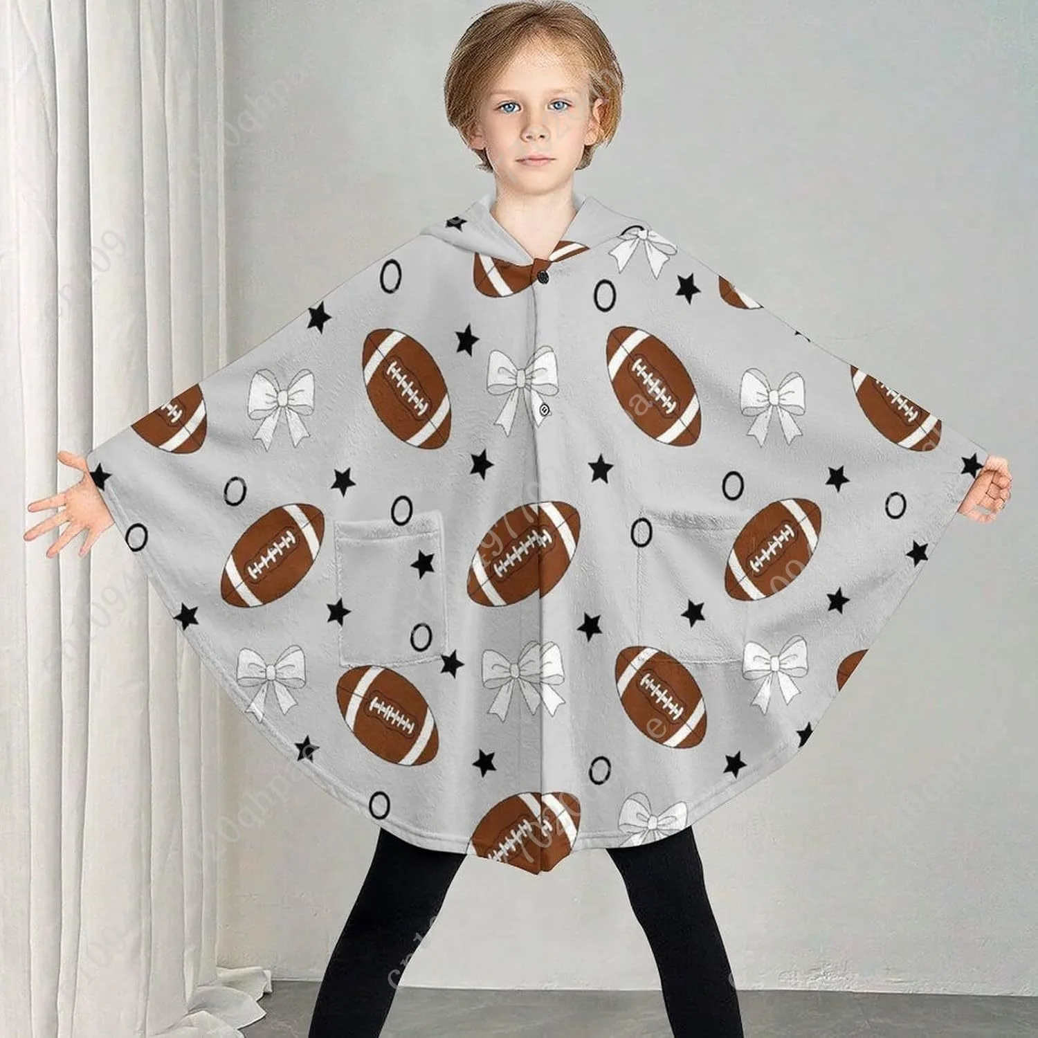 سترة بطانية مريحة من الفلانيل، هوديي كبير الحجم بأقواس كرة القدم مع جيوب للأطفال والمراهقين