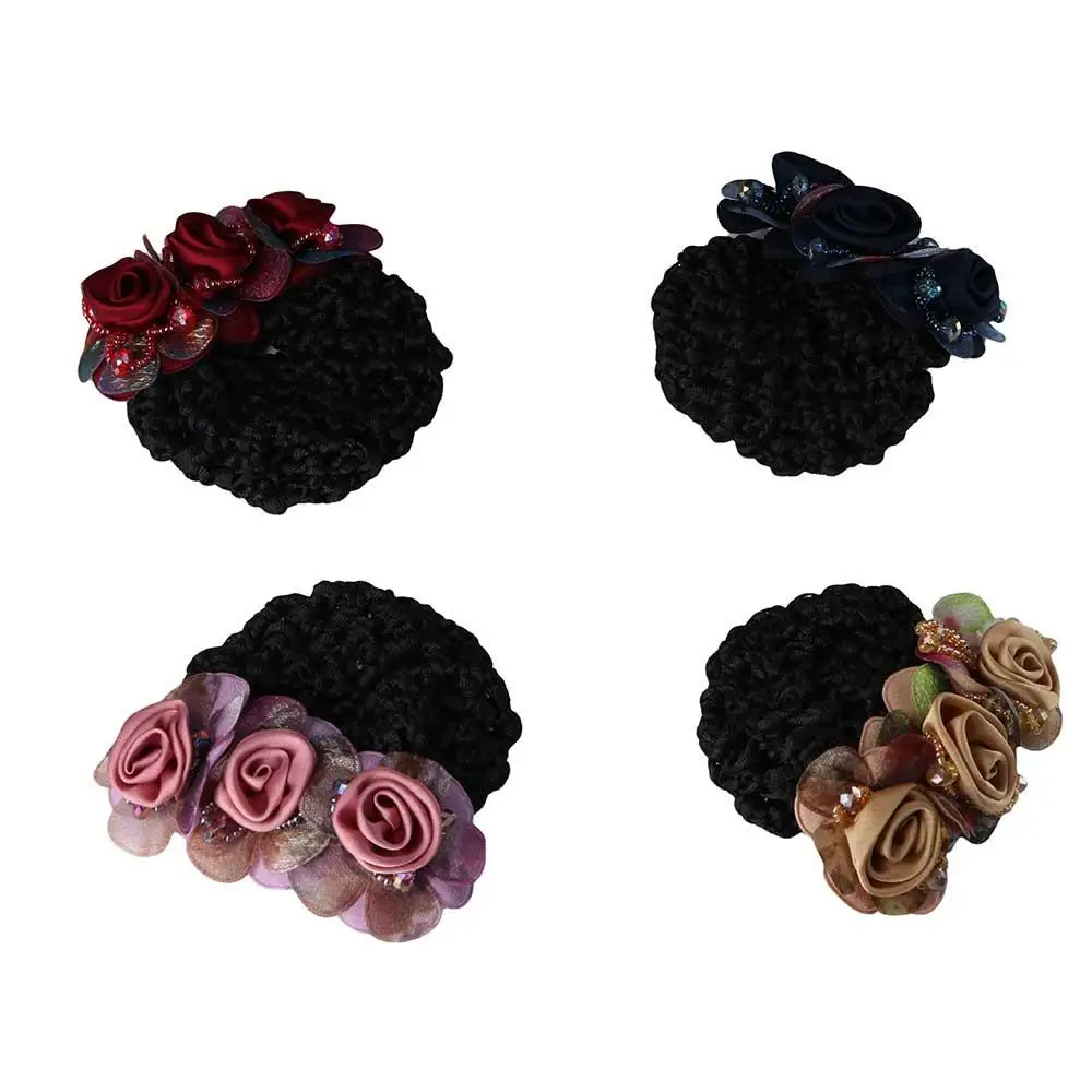 Mesh Floral For Flight Attendant Crochet Hair Clip For Nurses Flower Bun Snood Women Bun Net Zircon Crystal Hairnet Cover